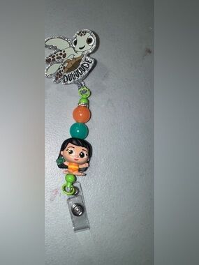 Turtle dude Lilo nurse badge reel with Orange, Teal & Lime Beads